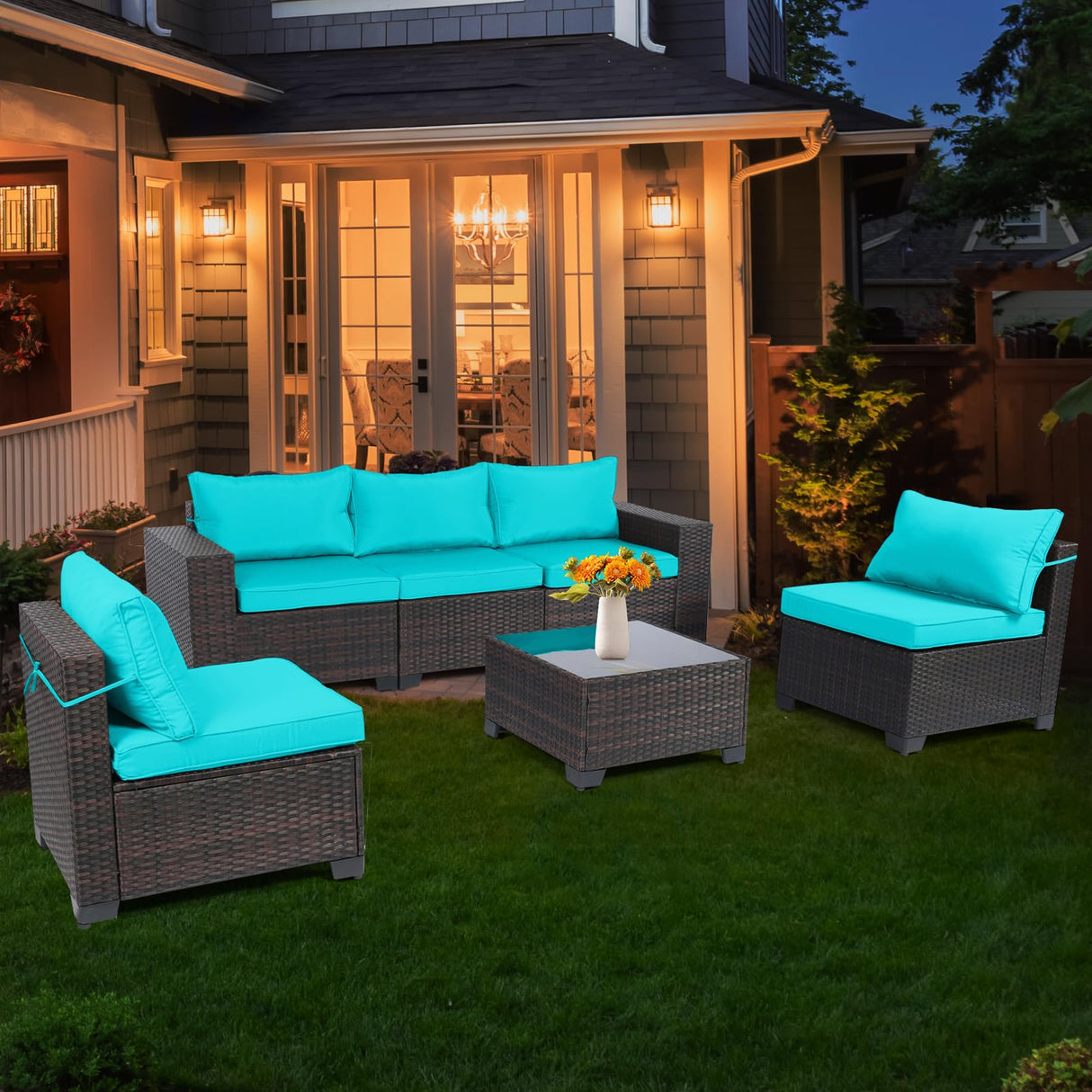 LEVELEVE 6 Pieces Outdoor Patio Furniture Sets,Rattan Conversation Sectional Set,Manual Weaving Wicker Patio Sofa,w/Table&Wide Armrest LEVELEVE