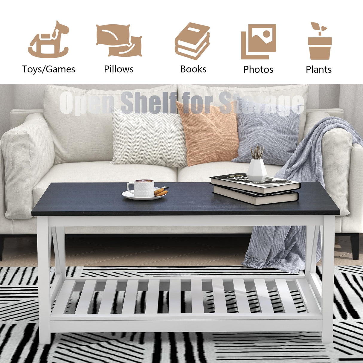 UYIHOME Farmhouse Coffee Table for Living Room, 2-Tier Rectangular Wooden Centre Cocktail Table with Slats Shelf Storage and V-Shaped Frame, Oak Blak UYIHOME