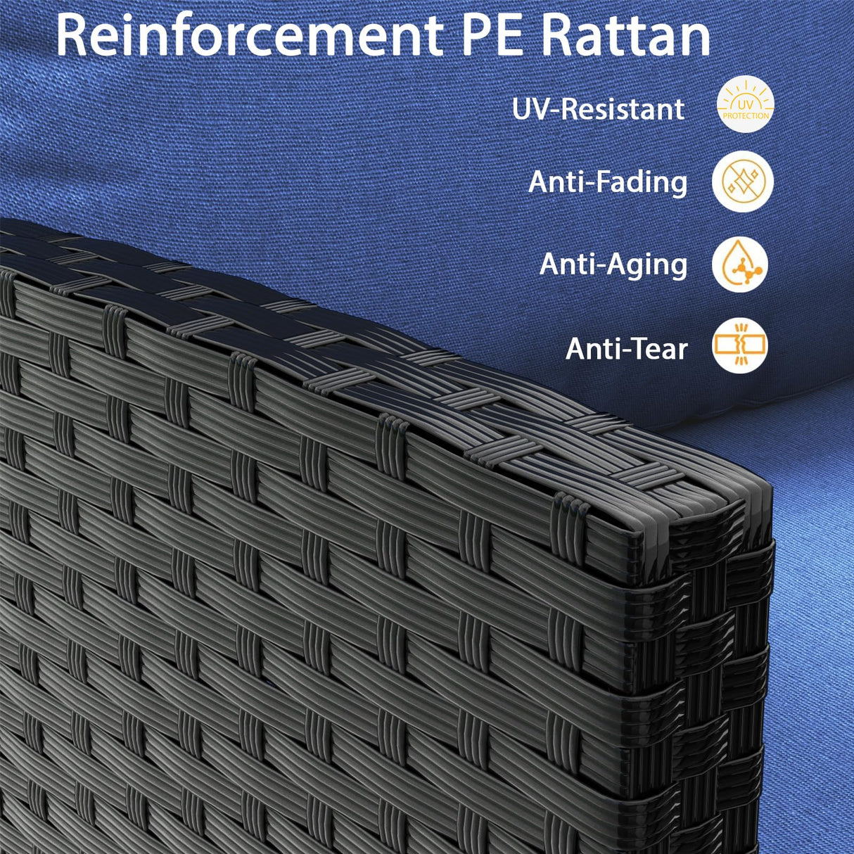 HLNPTN 7-Piece Patio Furniture Set, Outdoor Couch with Dining Table & Ottomans, PE Rattan Sofa Set with Cushions for Deck, Yard, Poolside (Blue) HLNPTN