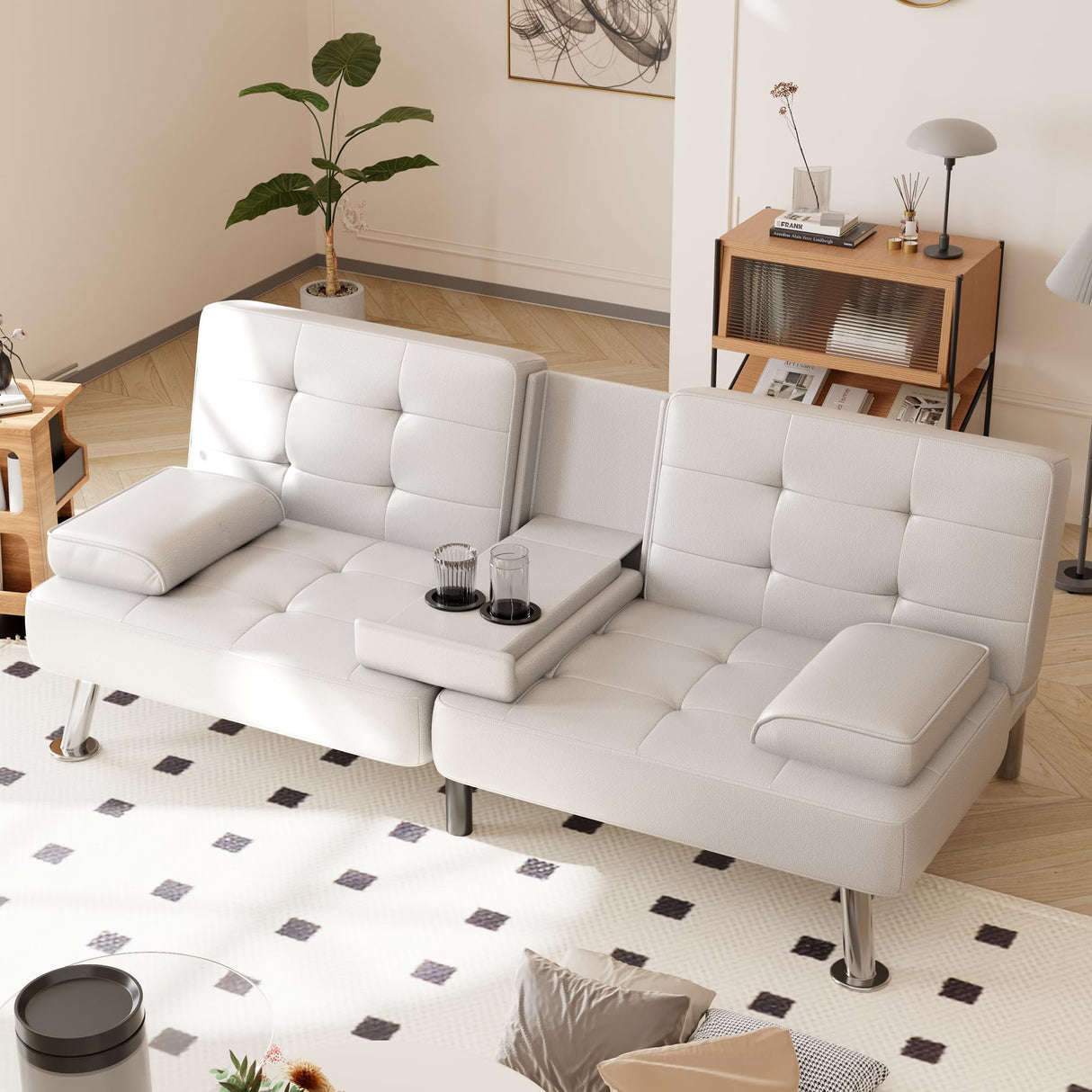 Shahoo Convertible Folding Futon Sofa Bed Sleeper Couch for Living Room Faux Leather Upholstered Loveseat w/Removable Armrests, Metal Legs, 2 Cup Holders, White Shahoo