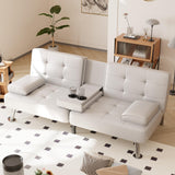 Shahoo Convertible Folding Futon Sofa Bed Sleeper Couch for Living Room Faux Leather Upholstered Loveseat w/Removable Armrests, Metal Legs, 2 Cup Holders, White Shahoo