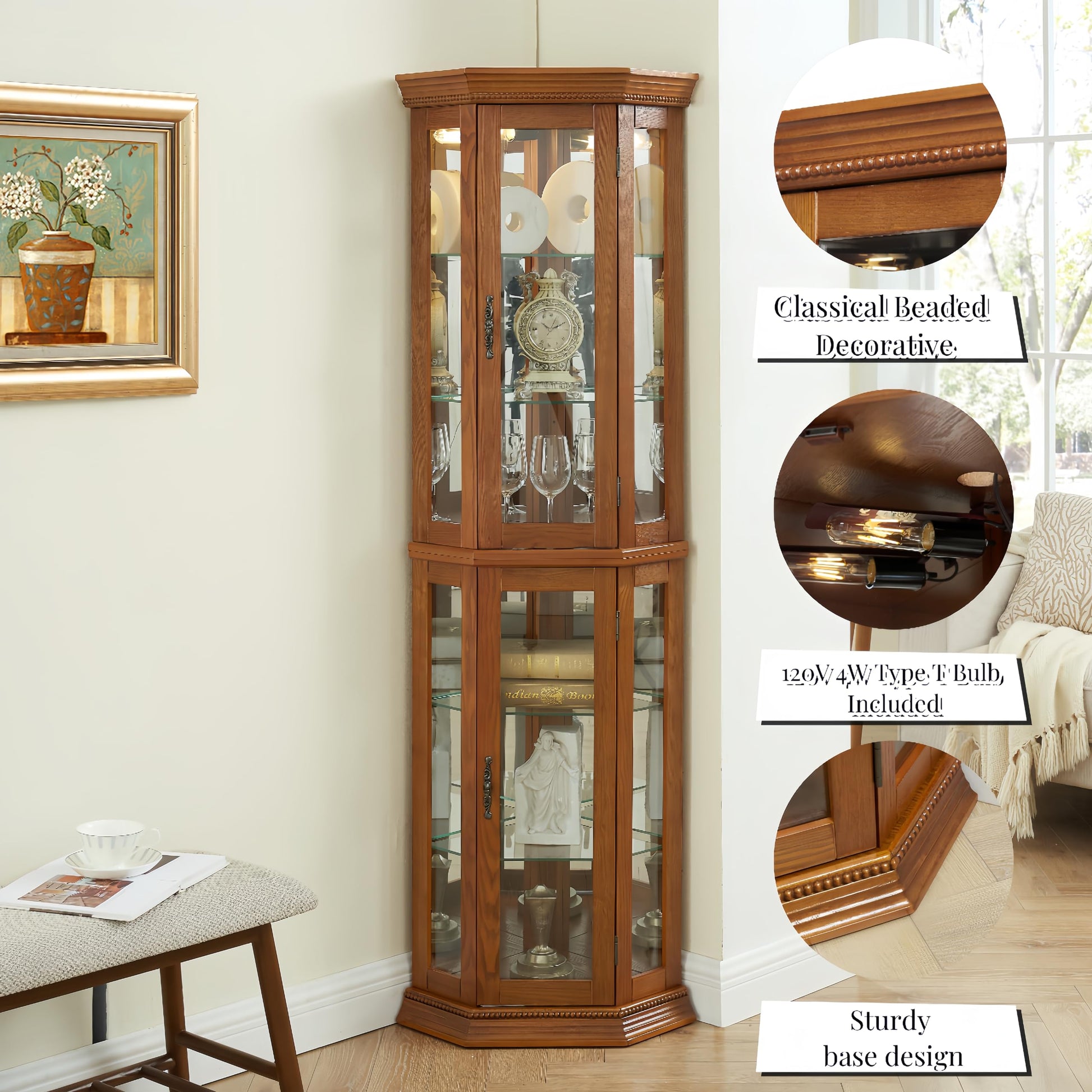 HRVEOCEI Curio Cabinet with Lighted, Display Cabinet with Glass Doors, Corner China Cabinet with Tempered Adjustable Glass Shelves & Carved Decoration (Oak) - WoodArtSupply