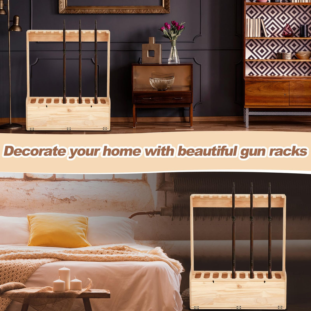 Soaoo Gun Rack with Storage Wood Gun Storage Display Rack Solid Pine Standing Gun Storage Rack Standing Rifle Rack Shotgun Storage Display Rack (10 Gun Floor Rack) Soaoo