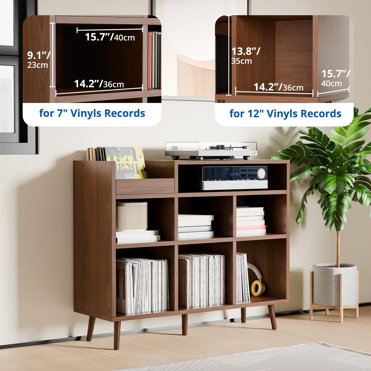 Cozy Castle Record Player Stand, Turntable Shelf with Vinyl Storage up to 500 Albums, Vinyl Record Player Shelf with Power Outlet Sideboard Buffet Cabinet with Storage Accent Cabinet, Brown Cozy Castle