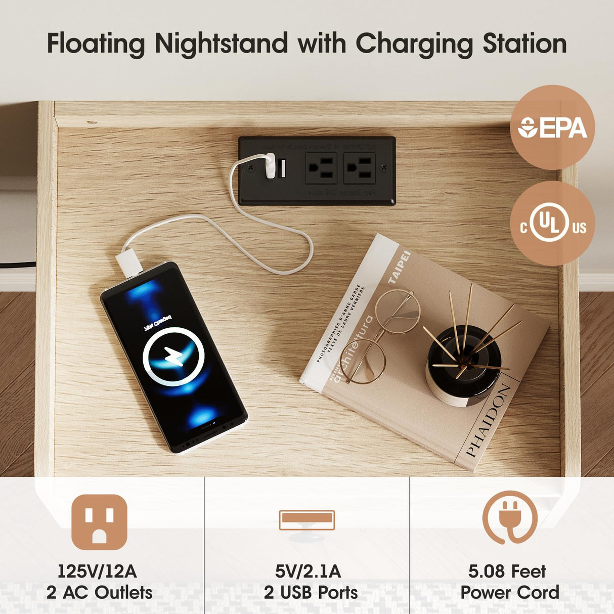 Black Floating Nightstand Set of 2 with Charging Station and Storage Drawer Wall Mounted Bedside End Table Wood Modern Night Stand for Bedroom Nightstands Set 2 Black HOSEOKA