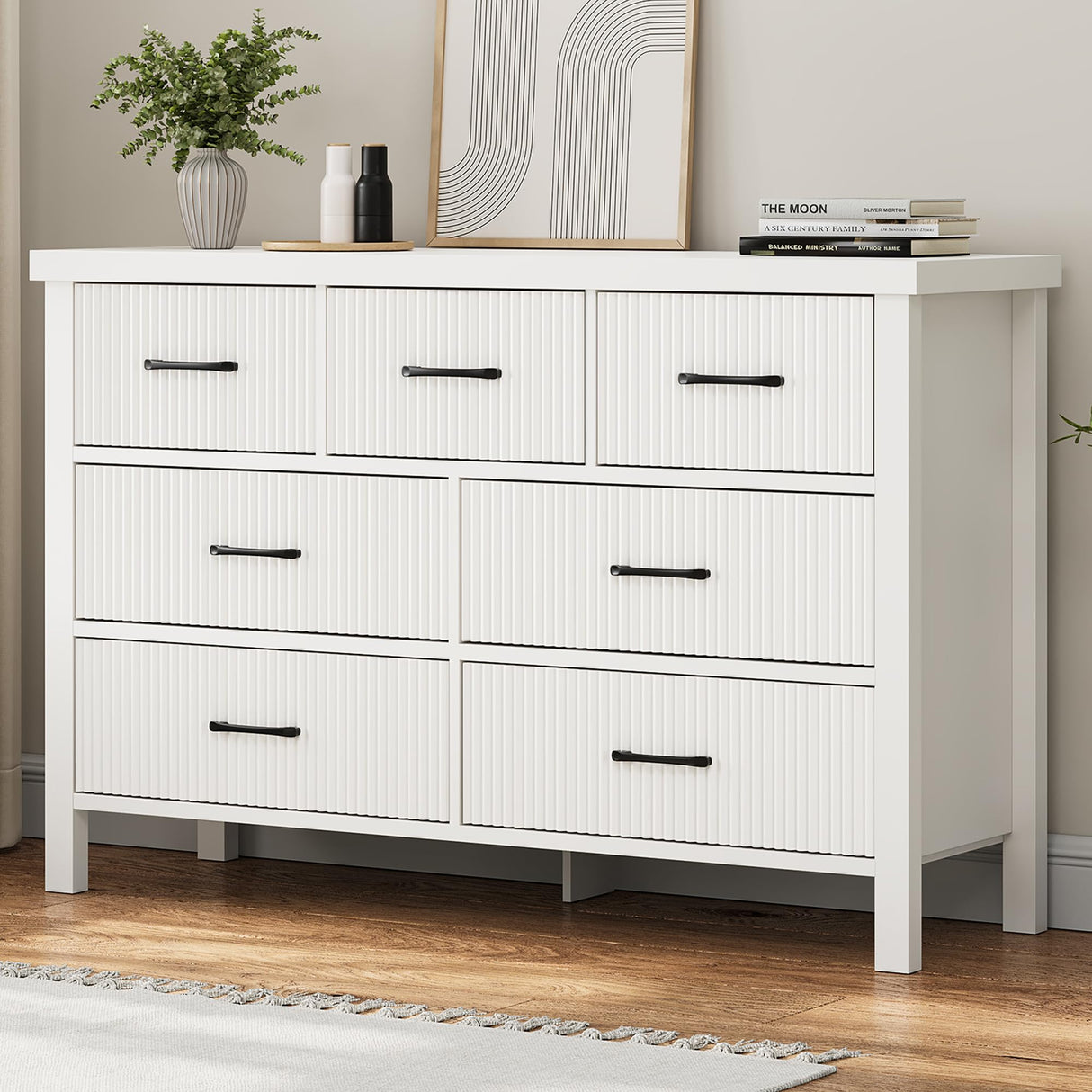 Jocoevol Fluted White 7 Drawers Dresser for Bedroom, Modern Chest of Drawers with Metal Handles, Wood Storage Dresser with Deep Drawers for Living Room, Hallway Jocoevol