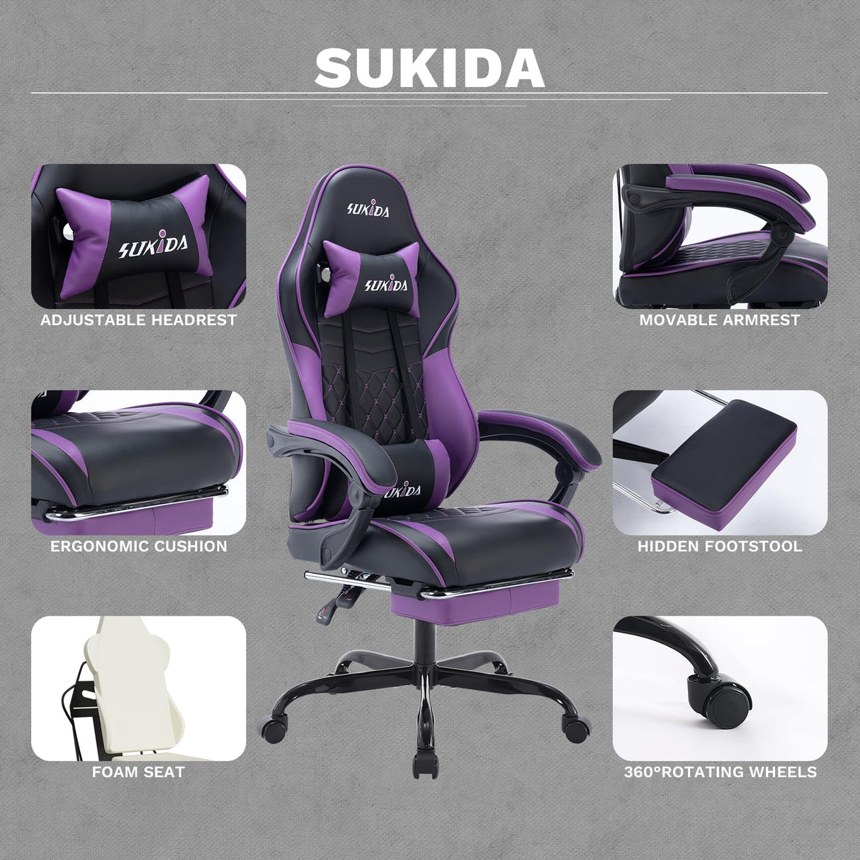 Ergonomic Video Gamer Chairs Gaming Computer Chairs Gamer Chairs for Adults Massage Lumbar Support Swivel Height Adjustable Headrest Backrest SUKIDA