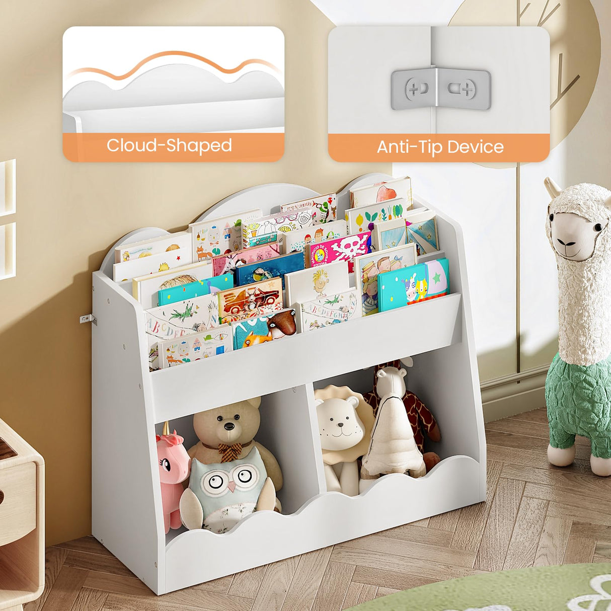 CHOEZON Kids Bookshelf and Toy Storage, Children's Bookcase with 2 Toy Cubes, Toddler Book Shelf for Kids Room, Wooden Book Organizer, for Playroom, Nursery, Living Room, White MCW15WB CHOEZON