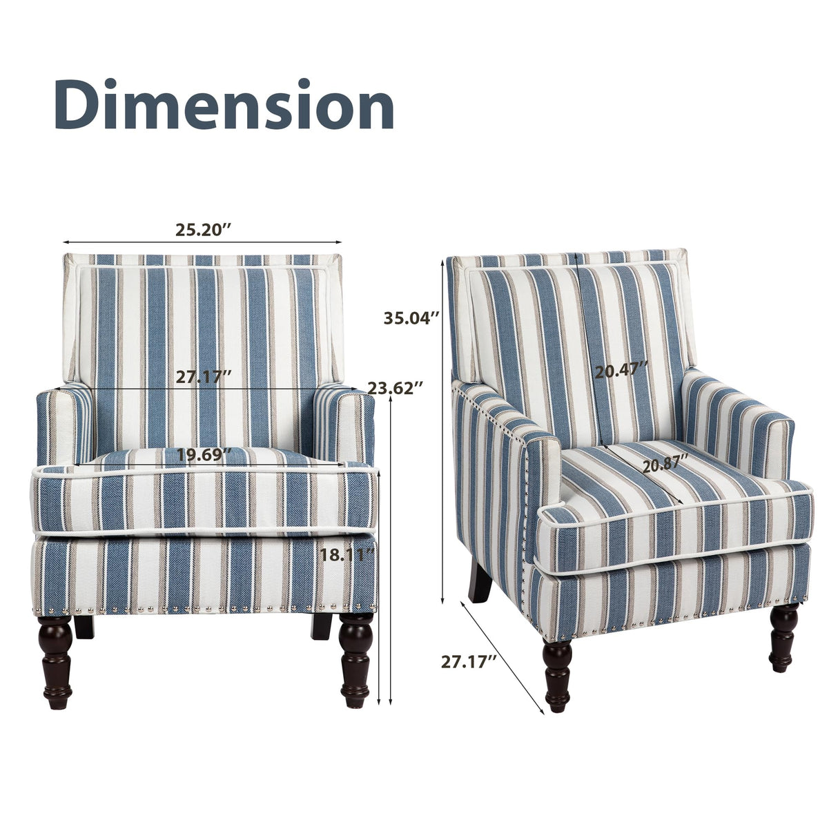 WakeZero Accent Chair, Modern Comfy Mid-Century Accent Chairs，Linen Upholstered Lounge Arm Chair with Solid Wood Reading Side Padded Single Sofa for Living Room/Office/Balcony/Bedroom-Blue Stripe WakeZero