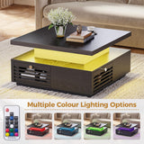 IRONCK Mid Century Modern Coffee Table with LED Lights & Charging Station, 4 Storage Drawers with Grille Design, Square Wood Coffee Table for Living Room Office, (Black) IRONCK
