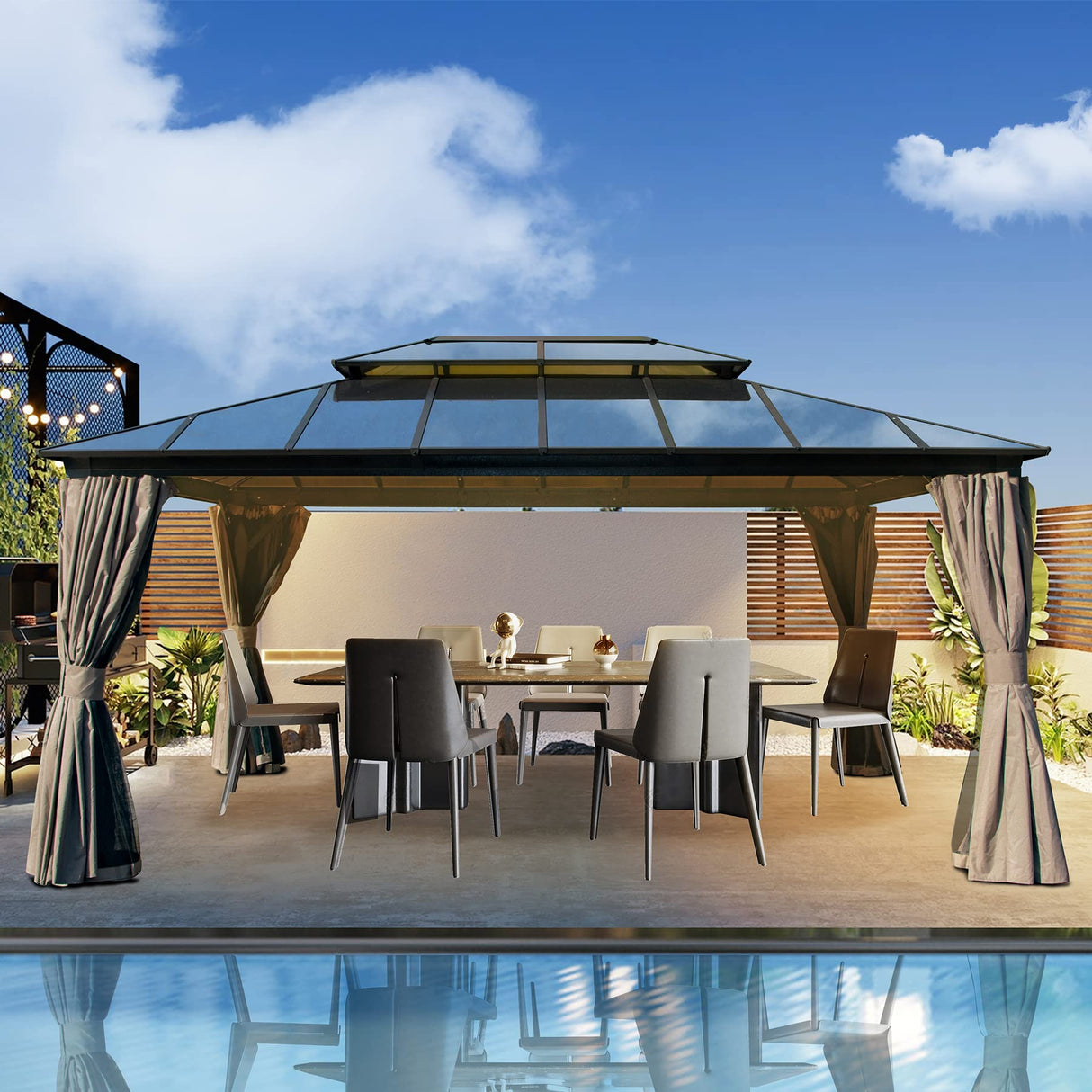 Domi 12' X 16' Hardtop Gazebo, Permanent Outdoor Gazebo with Polycarbonate Double Roof, Aluminum Gazebo Pavilion with Curtain and Net for Garden, Patio, Lawns, Deck, Backyard domi outdoor living