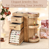 BNING Wood Jewelry Box, Solid Wooden Rotating Jewelry Box Organizer for Women, Gifts for Girls - 4 Layer Rustic Small Jewelry Organizer Box with 3 Drawers for Necklace Ring Earring Bracelet BNING