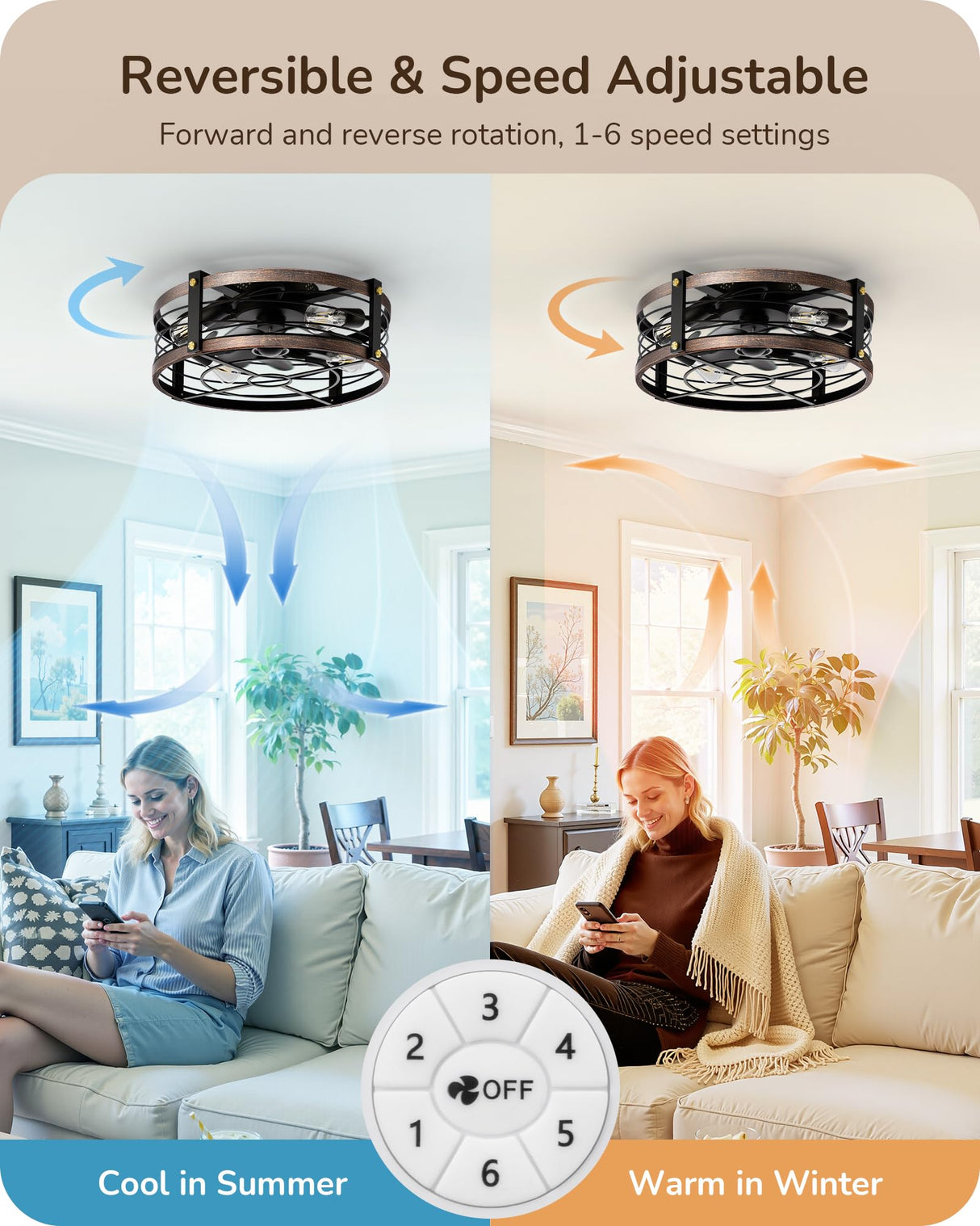 EDISHINE 21" Pre-Assembled Ceiling Fans with Lights Flush Mount, 10%-100% Dimmable, Rustic Low Profile Caged Ceiling Fan with Remote, Small Farmhouse Fan Light Ceiling for Kitchen Bedroom Brushed Gold EDISHINE