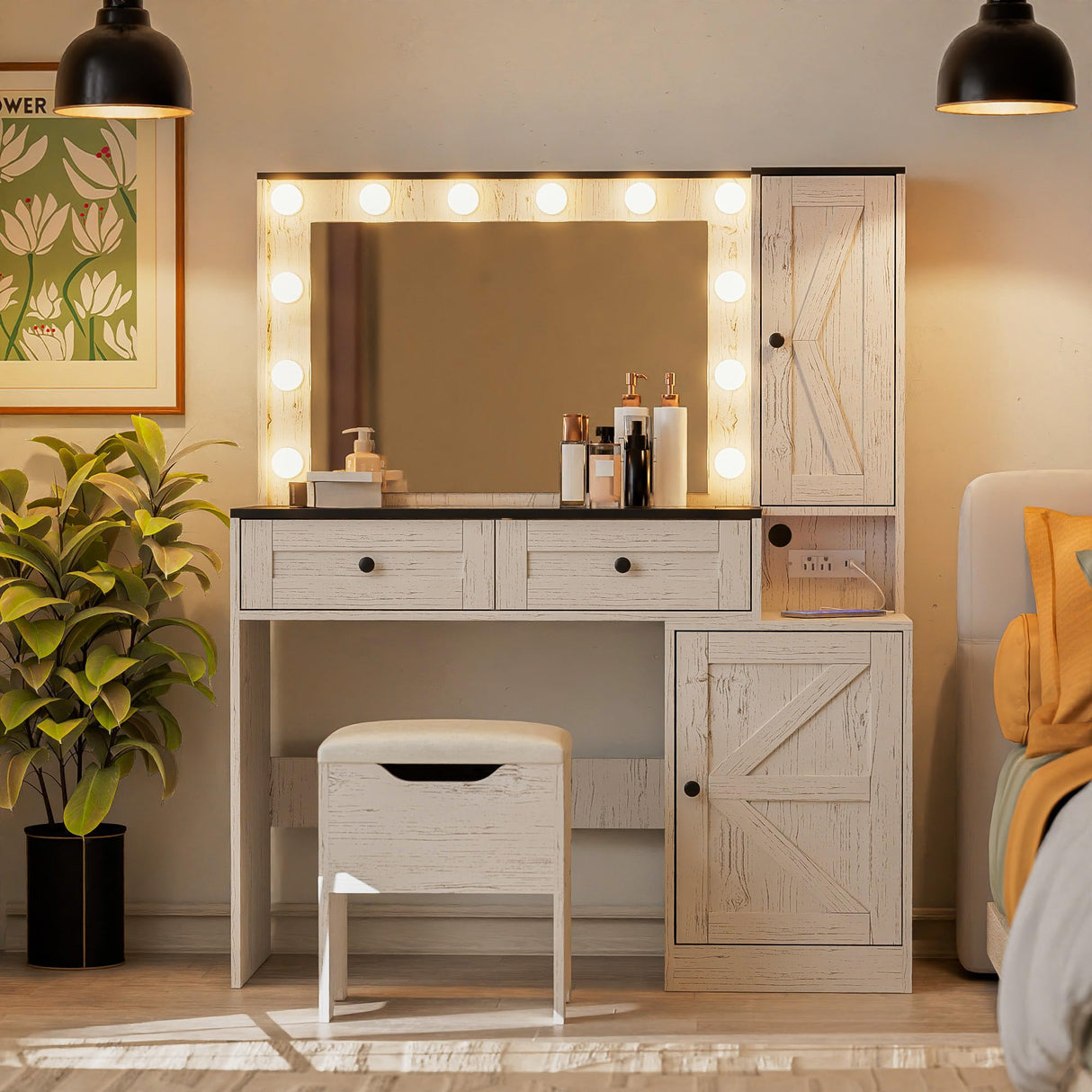 SunsGrove Farmhouse 43.3" Vanity Desk with Hollywood Makeup Mirror and Lights, White Vanity with 2 Drawers & 2 Cabinets, Large Modern Vanity Desk with Vanity Storage Chair for Bedroom (Antique White) SunsGrove