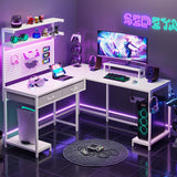 SEDETA White L Shaped Gaming Desk with LED Lights and Drawers, Gaming Desk with Hutch & Pegboard, Computer Desk with Monitor Stand, Storage Shelves, Home Office Desk Corner Desk, Gaming Table SEDETA