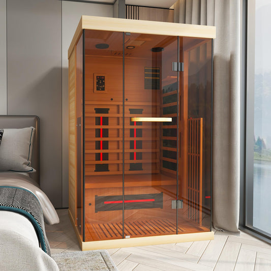 BNEHS Infrared Saunas for Home, Upgraded 1-2 Person Sauna with 10 Minutes Fast Heating,Canadian Hemlock & Tempered Glass - WoodArtSupply