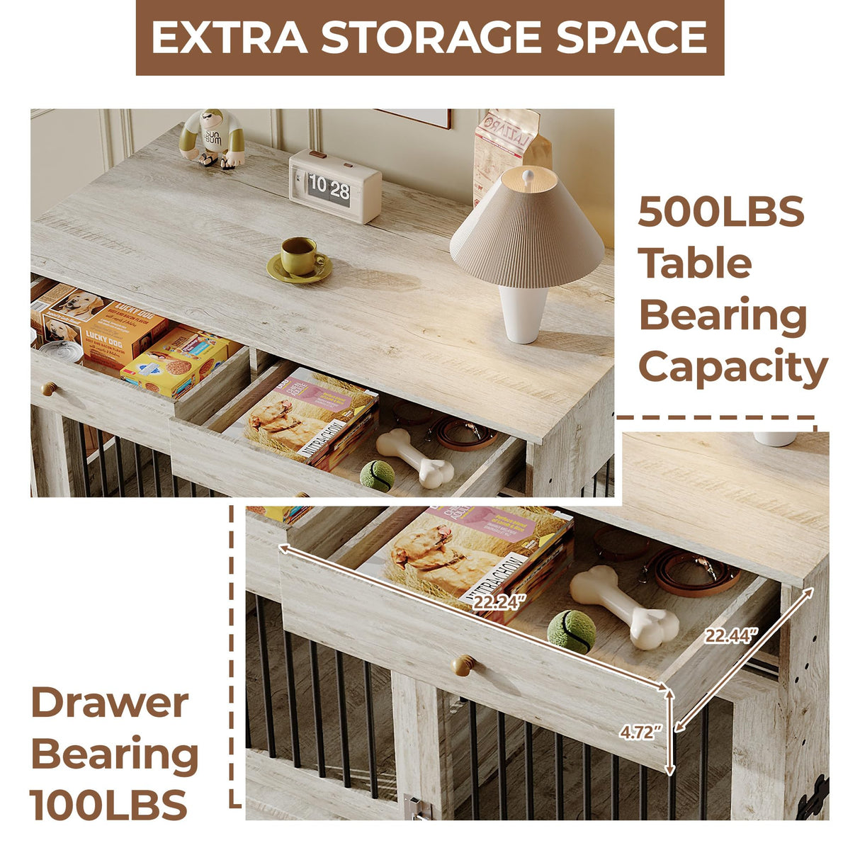 Large Dog Furniture Crate, 47 Inch Furniture Style Dog Crate with Removable Divier for Large/Medium/Small Dogs，Grey Garvee