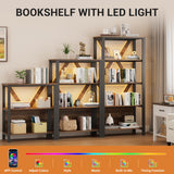 IDEALHOUSE 5 Tier Book Shelf with LED Lights, Brown Industrial Metal Display Book Case, Open Book Shelf Organizer, Tall Bookshelf, Heavy Duty Storage Bookcase for Bedroom Office Living Room IDEALHOUSE