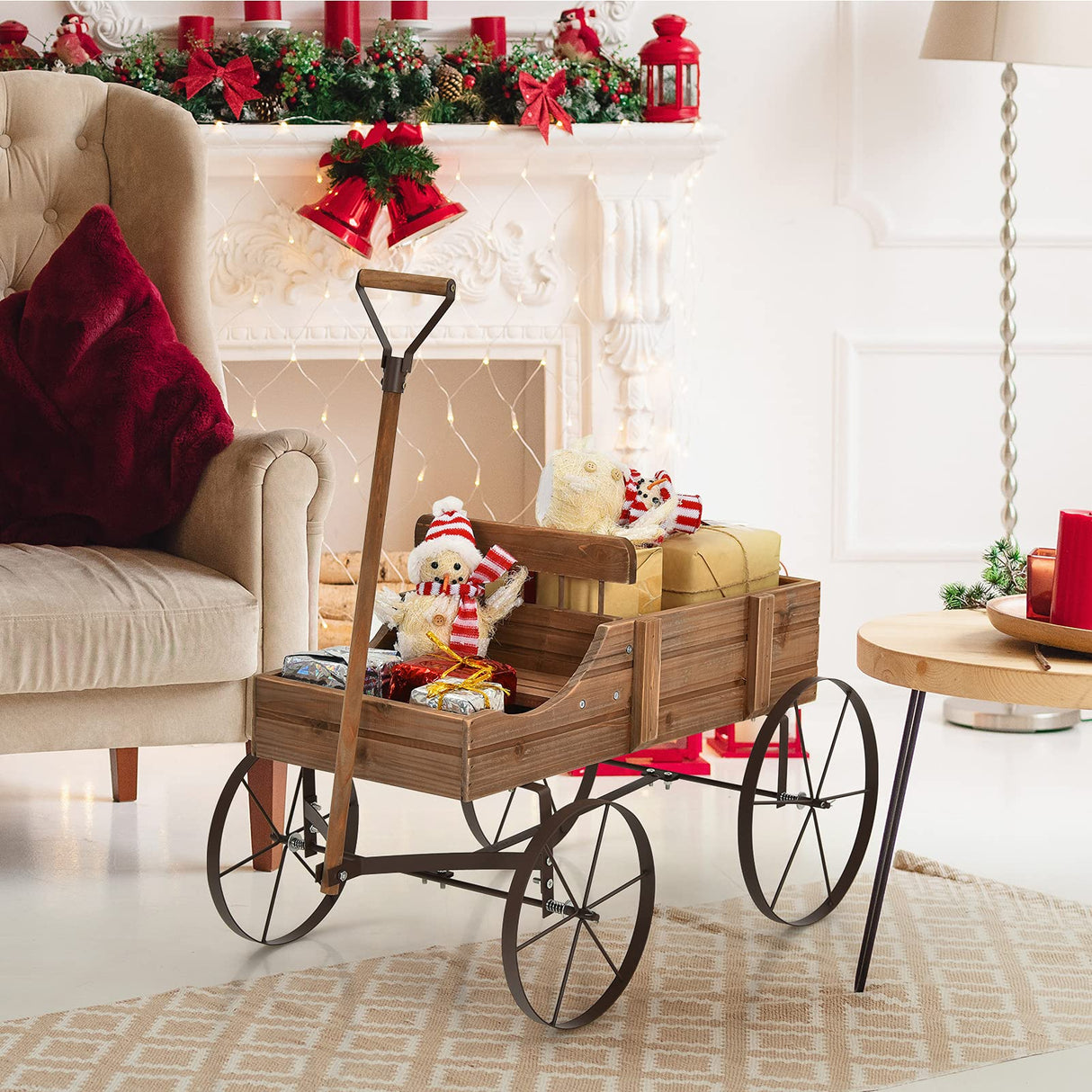 Giantex Decorative Garden Planter, Small Wagon Cart with Metal Wheels, Wood Raised Beds Plant Pot Stand for Backyard Garden Patio 24.5"x13.5"x24" (Natural) Giantex