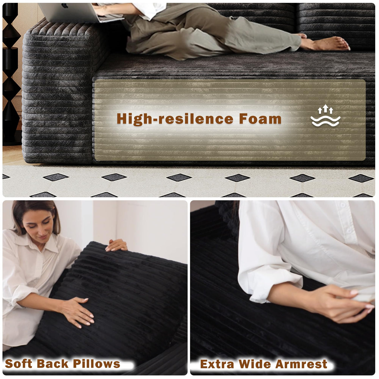 63" Cloud Loveseat Sofa in a Box for Living Room, Corduroy 2-Seater Boneless Couch 2 Throw Pillows, Modern Sponge Double Sofas with Deep Seat for Small Spaces, No Assembly Required (Black, 63 inch) KavlSean