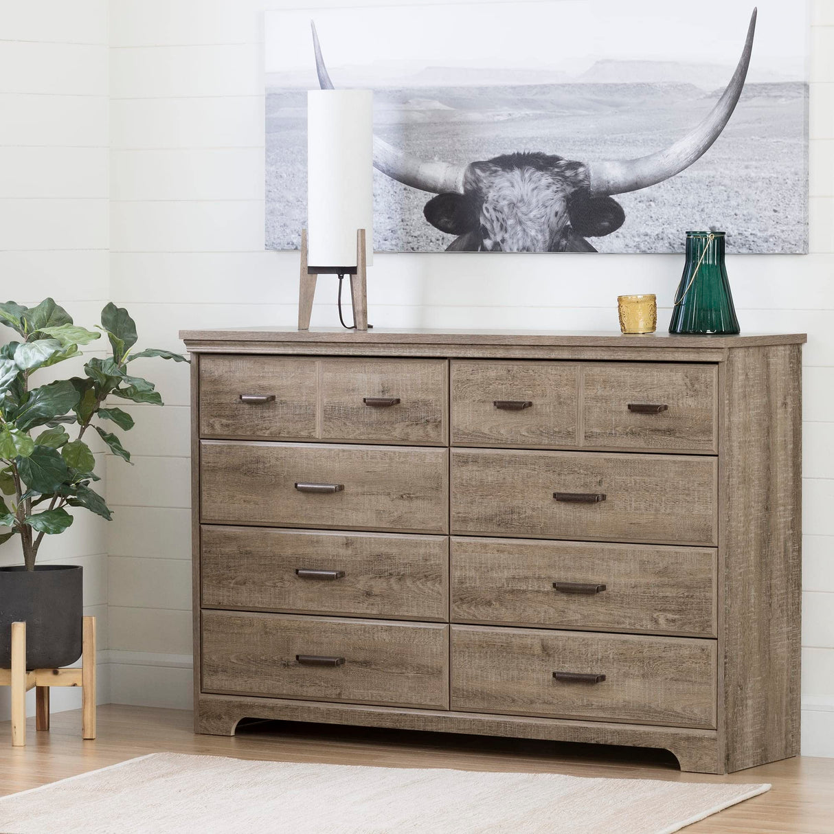 South Shore Versa Collection 8-Drawer Double Dresser, Weathered Oak with Antique Handles South Shore