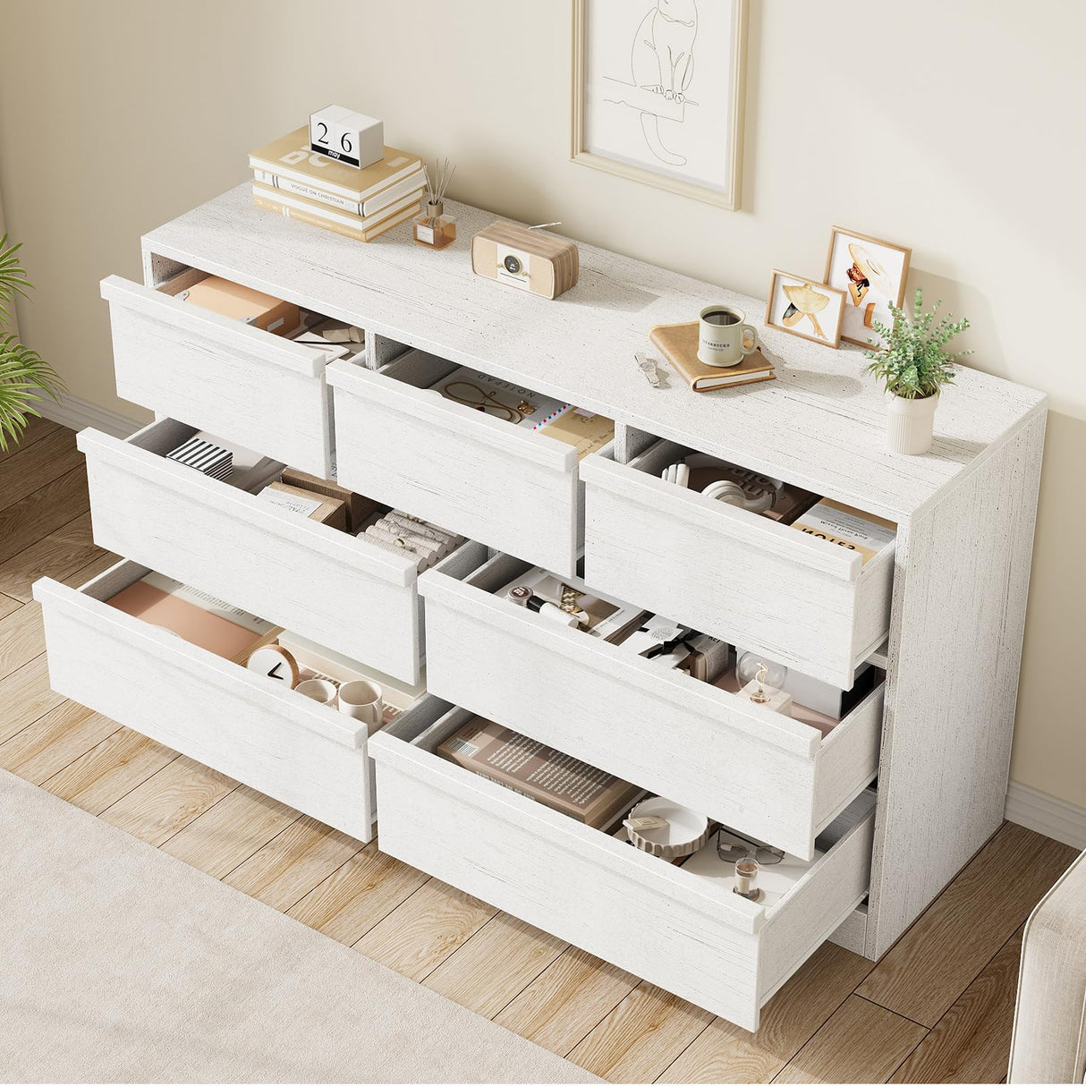 GarveeHome 7 Drawer Dresser for Bedroom, 54in Wide Antique White 7 Chest of Drawers with Large Storage, Wooden Dresser Organizer for Living Room, Nursery, Entryway GarveeHome