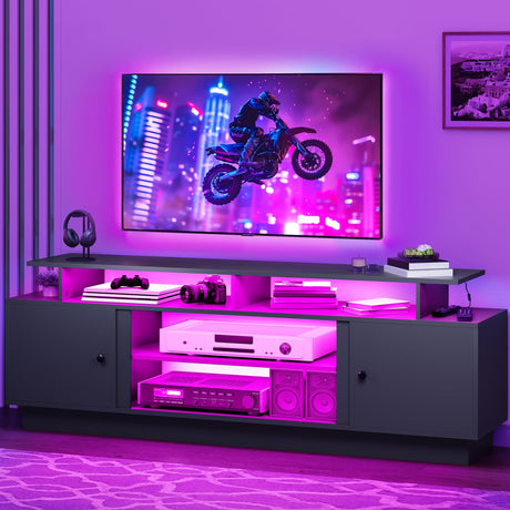 DWVO Modern TV Stand for 65/75 Inch TVs, Entertainment Center with LED Lights, TV Shelf with Storage Cabinets & Movable Partition, TV Console for Living Room, Black DWVO