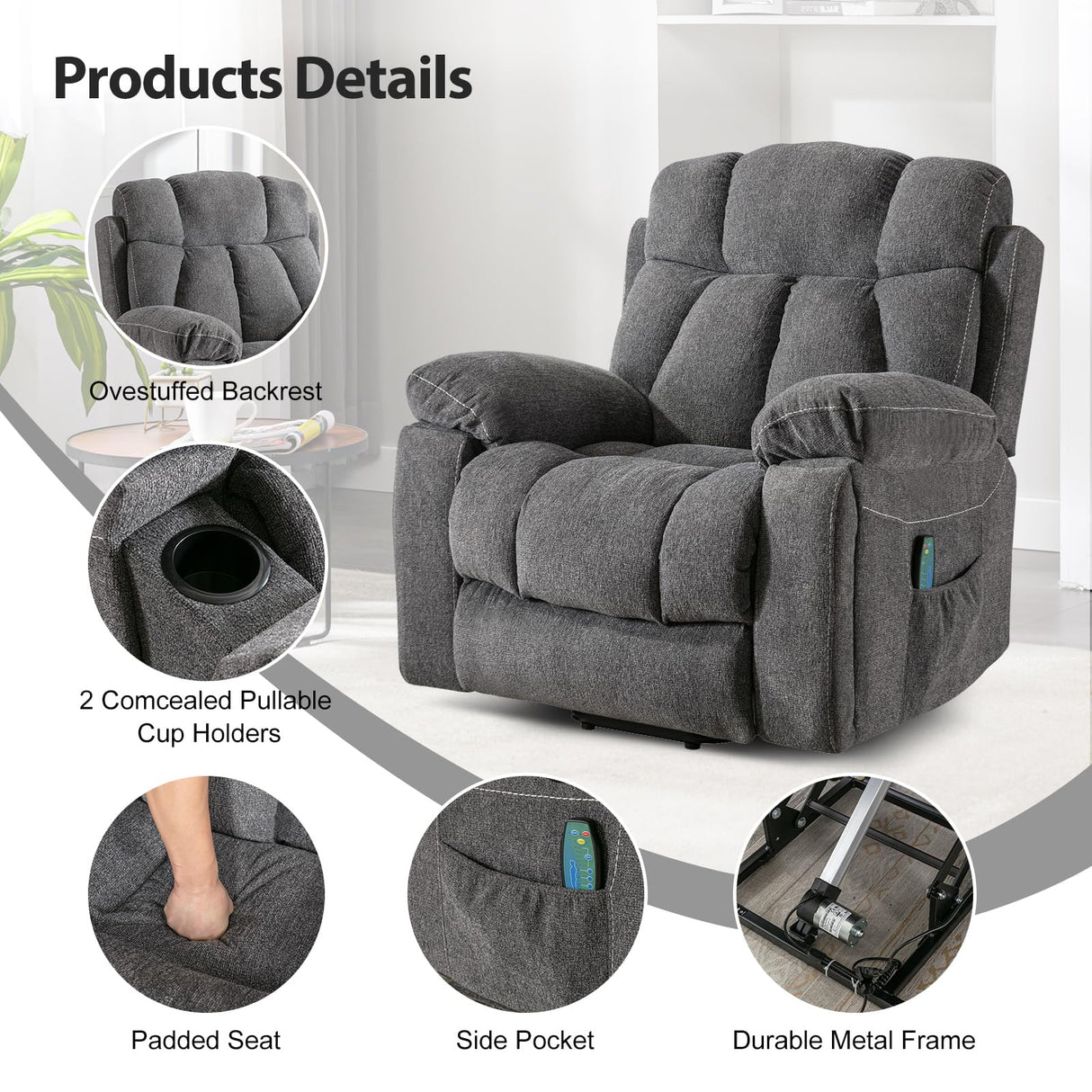 Phoenix Home Large Power Lift Recliner Chair with Massage and Heat for Elderly, Overstuffed Wide Recliners with 2 Cup Holders, Side Pocket and USB Port, Dark Gray Phoenix Home