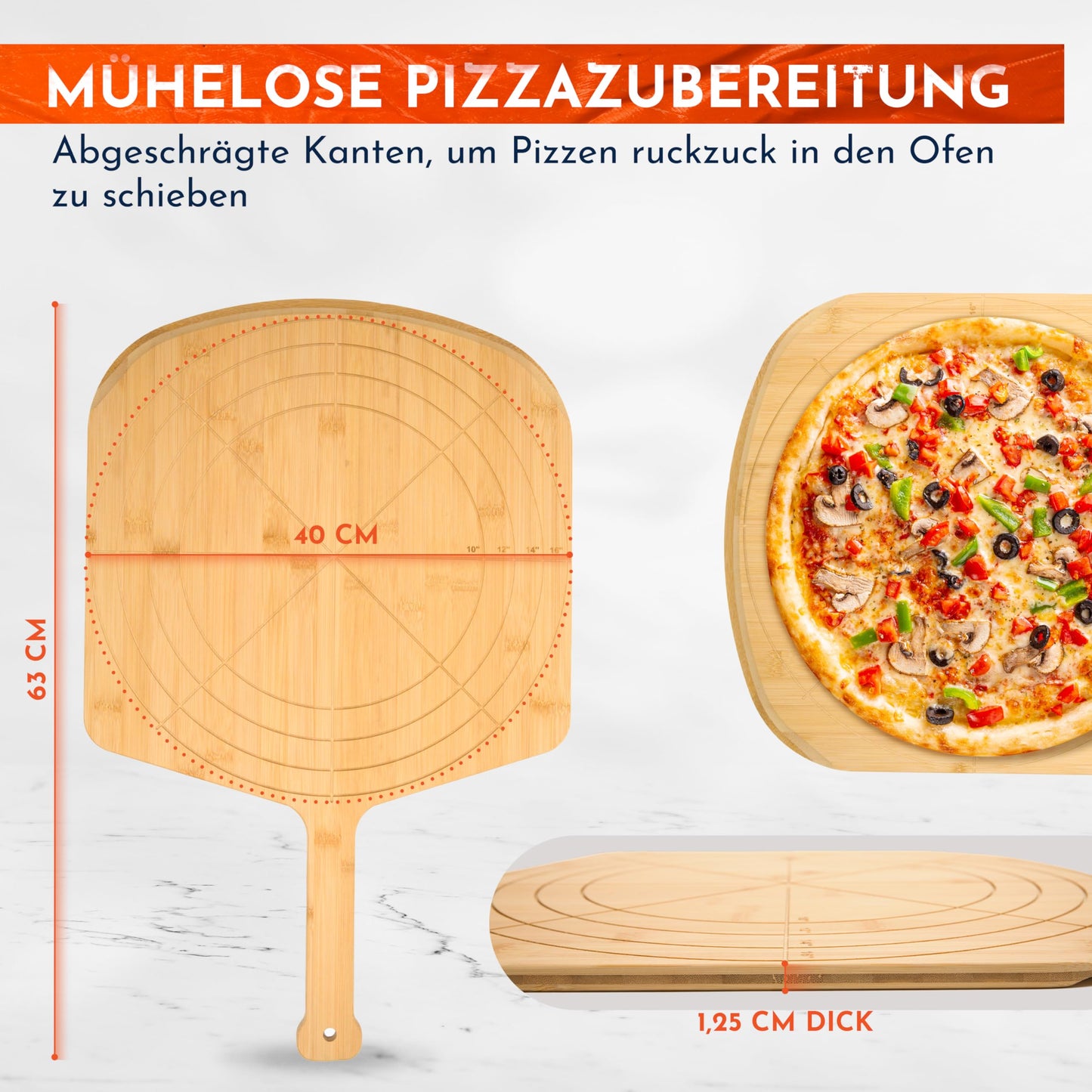 Loftern Wooden Pizza Peel 16 Inch Board with Engraved Sizes - Multi-Purpose Bamboo Pizza Cutting Board, Wood Pizza Peel, Pizza Spatula Paddle, and Serving Board with Size and Cutting Guide - WoodArtSupply