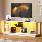 SogesPower LED TV Stand for 55/60/65” TVs,LED Entertainment Center with Charging Station and Adjustable Glass Shelves,TV Stand with Lights for Bedroom Living Room,Media TV Console with Storage,White SogesPower