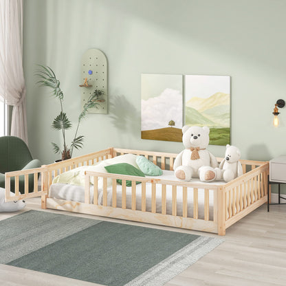 i-POOK Natural Twin Floor Bed Frame for Children with Safety Fence & Door - WoodArtSupply