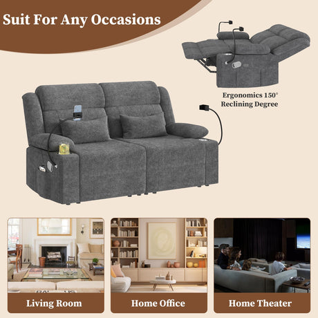 CHABATREE Home Theater Seating，RV Reclining Sofa Set with Adjustable Headrest， Recliner Sofa with Heat and USB&Type-C, Dawer & Cup Holders, 150° Recline for RV & Living Room(Loveseat Grey) CHABATREE