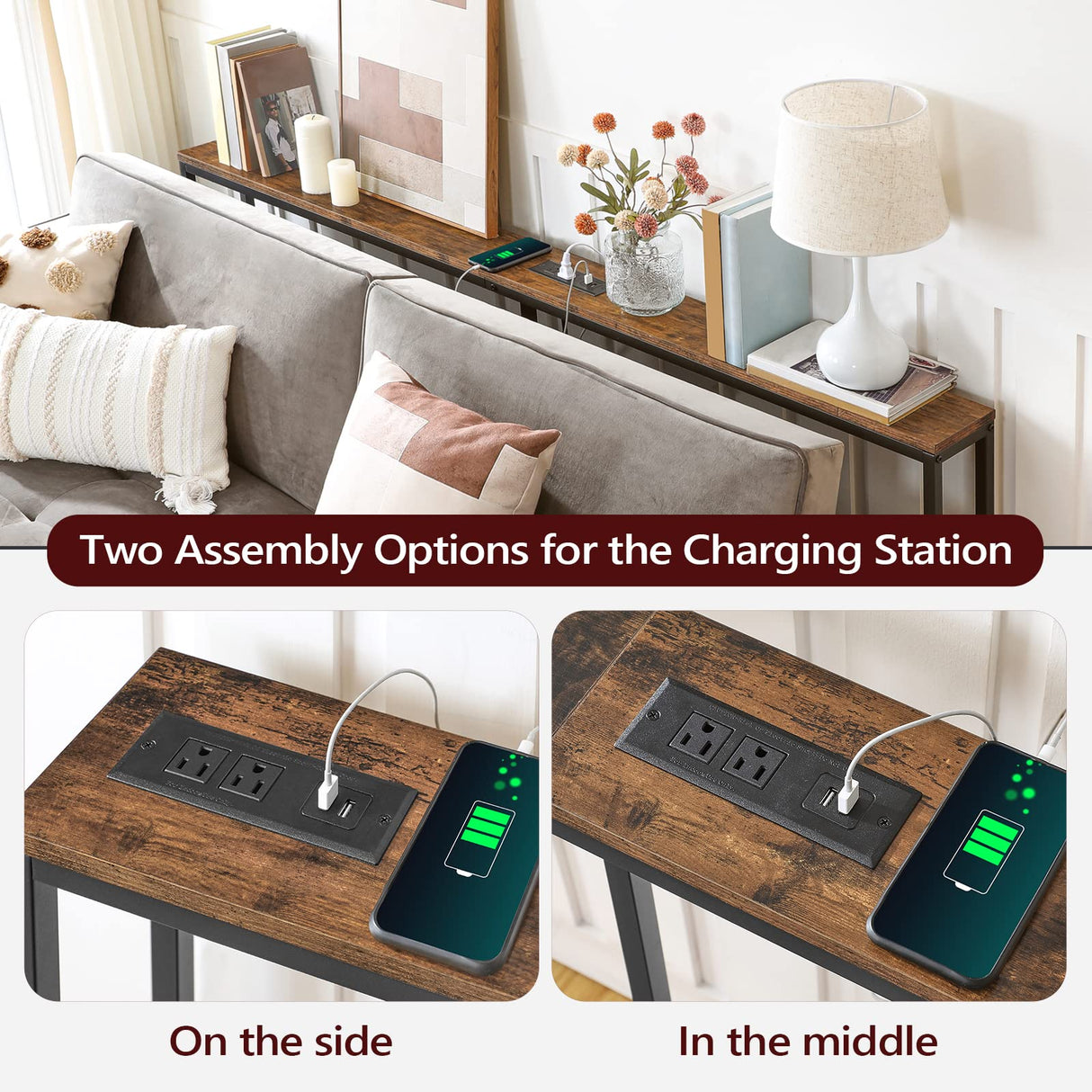 MAHANCRIS Skinny Console Table with Power Outlets, 70.9" Narrow Sofa Table, Behind Couch Table with Charging Station, Sofa Hallway Table for Plants, Living Room CTHR185E01 MAHANCRIS