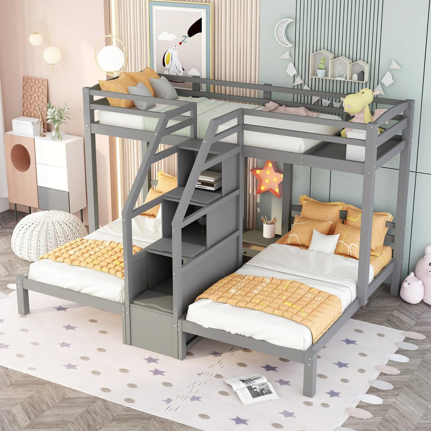 Harper & Bright Designs Triple Bunk Bed with Stairs, Twin Bunk Beds for 3, Wooden Bunk Bed with Built-in Staircase and Little Drawer for Kids Teens Adults, Gray