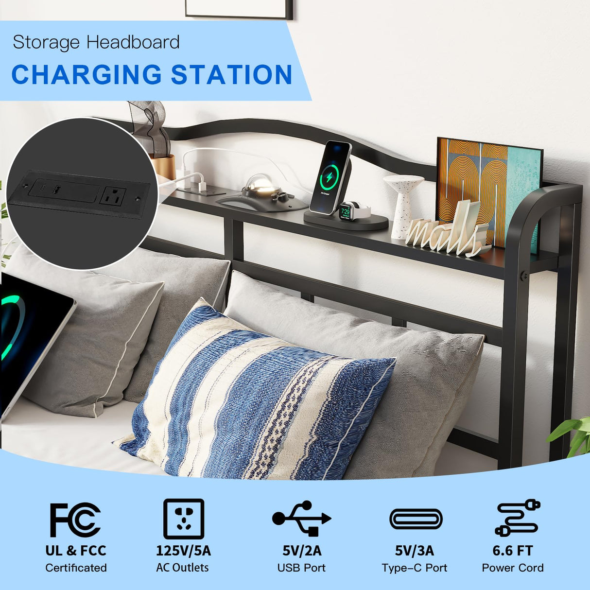 UOMEUR Queen Size Bed Frames with Smart Outlet and Galaxy Holographic Projection Lights,47.6" H Heavy Duty Metal Headboard,17" Hidden Storage,No Box Spring Needed/Noise-Free/Easy Assembly UOMEUR