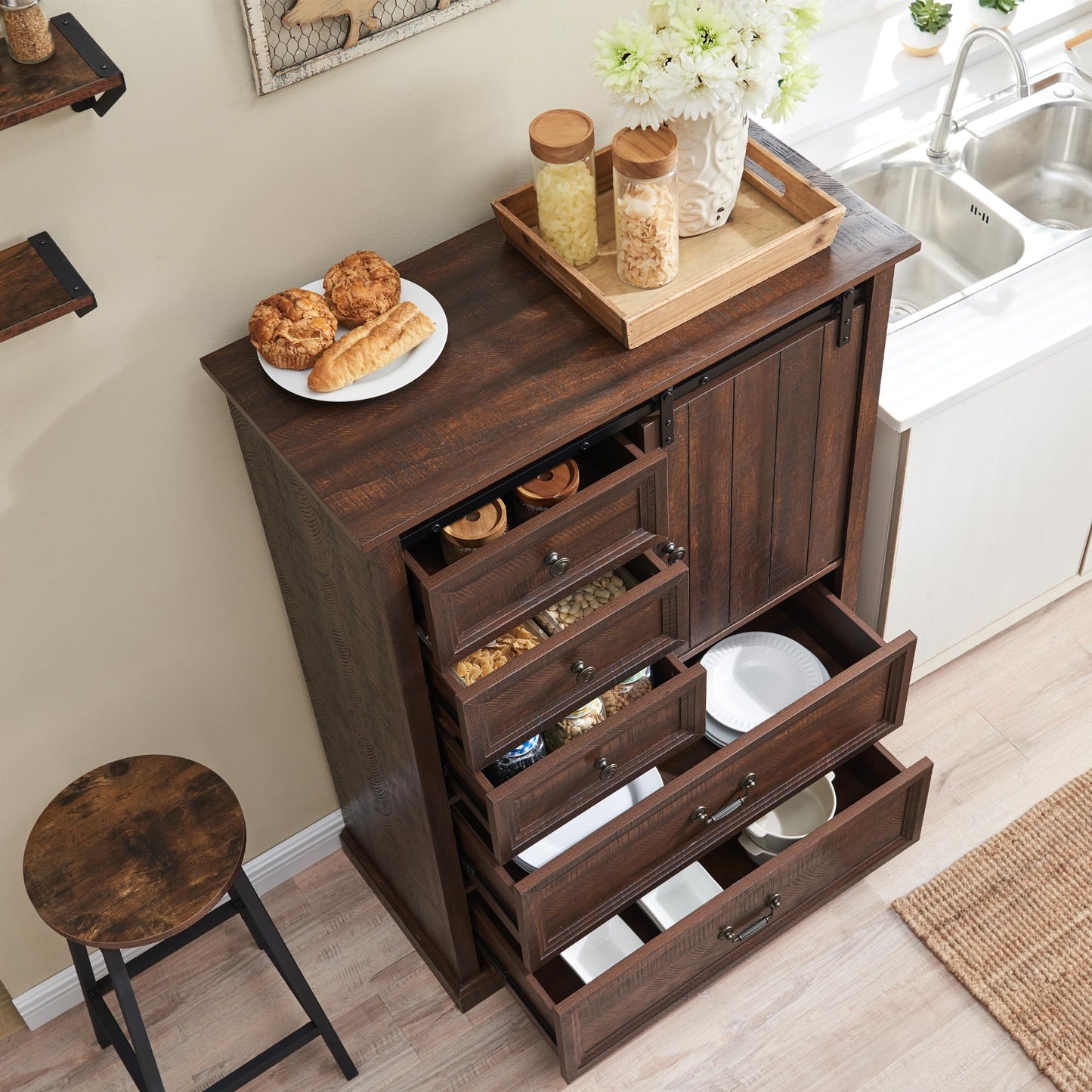 IFGET Farmhouse Buffet Cabinet with Storage, 47" Tall Storage Cabinet w/Sliding Barn Door, Rustic Sideboard Cabinet w/5 Drawers, Kitchen Pantry Storage Cabinet for Dinning Room, Hallway (Brow - WoodArtSupply