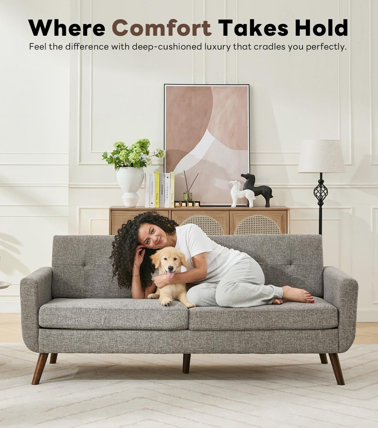 Tbfit 77.2" W Linen Sofa Couch, Mid Century Modern Decor Loveseat Couches for Living Room, Button Tufted Upholstered Small Couch for Bedroom, Solid, and Easy to Install Love Seats Furniture, Grey Tbfit