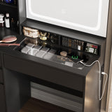 Makeup Vanity with Glass Top, Black Vanity Desk with Mirror and Lights, Vanity with Power Outlet and Jewelry Cabinet, Vanity Table with 3 Color Lighting Modes, Dressing Table for Women, Girls Maupvit