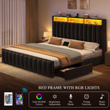 DWVO King Size Bed Frame with 4 Storage Drawers and RGB LED Lights, Velvet Upholstered Platform Bed with Charging Station and Bookcase Storage Headboard, No Box Spring Needed, Easy Assembly, Black DWVO