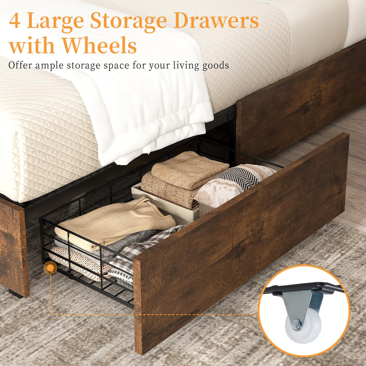 LUXOAK Rustic Brown Full Size Bed Frame with LED Bookcase Headboard, Charging Station & 4 Drawers – No Box Spring Needed LUXOAK