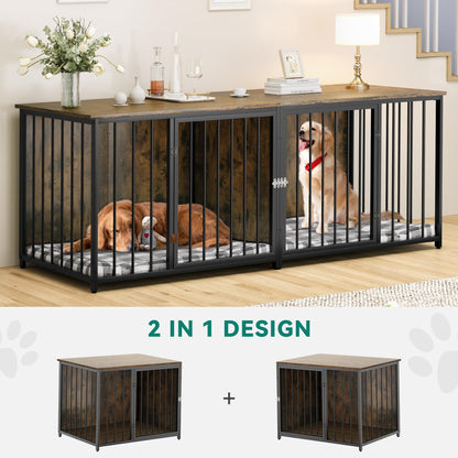 YITAHOME Double Dog Crate Furniture, 80.2 inch Large Breed Dog Kennel with Divider, Heavy Duty Dog House TV Stand Indoor for 2 Medium Dogs, Brown