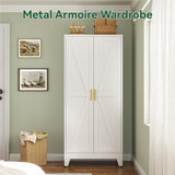 Metal Wardrobe Closet with Doors and Shelves, 71" Farmhouse Bedroom Armoire with Hanger Rod and Clothing Shelf, White Steel Wardrobe Cabinet Storage Clothes Closet Bevivog