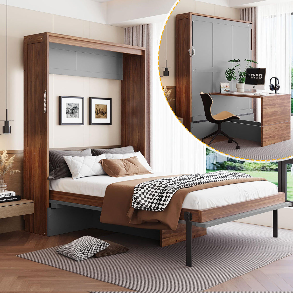 Polibi Full Size Murphy Bed with Foldable Desk,Space Saving Wall Bed,Heavy Duty 500 LBS,Hydraulic Lift,for Apartment & Home Office,Walnut & Gray Polibi