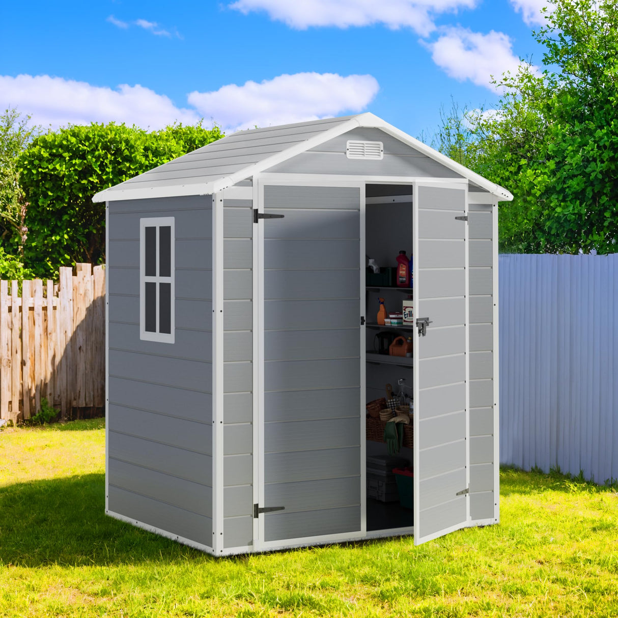 Greesum Outdoor Storage Shed 6X4FT All-Weather Resin Tool Room with Floor for Garden,Backyard,Pool Tool, Light Grey Greesum