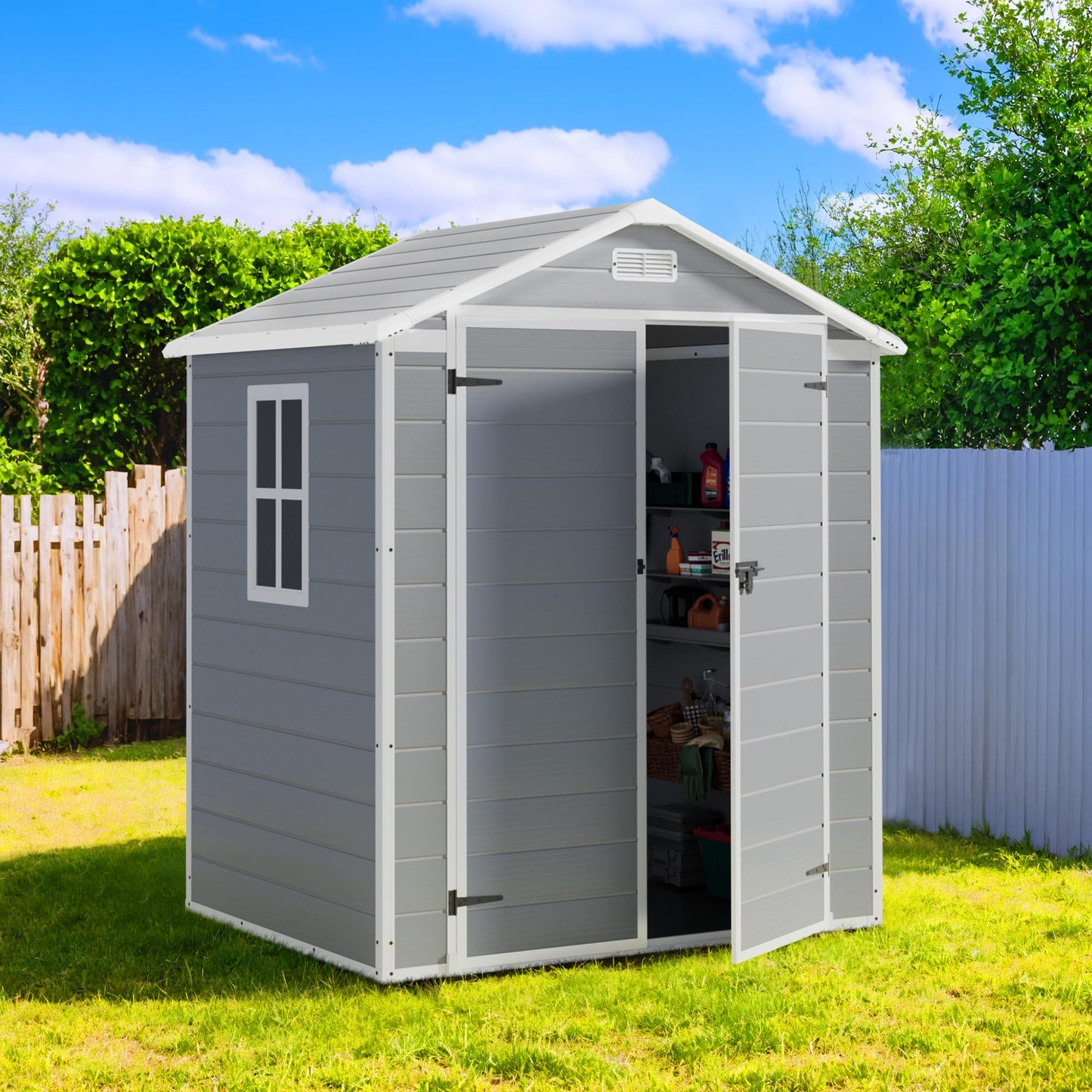 Greesum Outdoor Storage Shed 6X4FT All-Weather Resin Tool Room with Floor for Garden,Backyard,Pool Tool, Light Grey