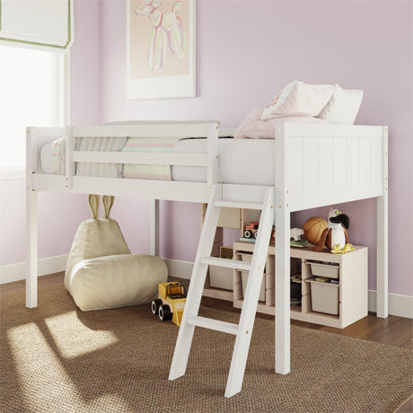 Merax Space-Saving White Low Loft Bed with Convertible Ladder and Guardrails for Kids or Teens Merax