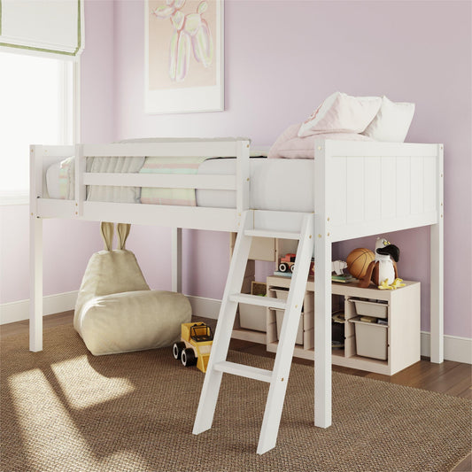 Merax Space-Saving White Low Loft Bed with Convertible Ladder and Guardrails for Kids or Teens - WoodArtSupply