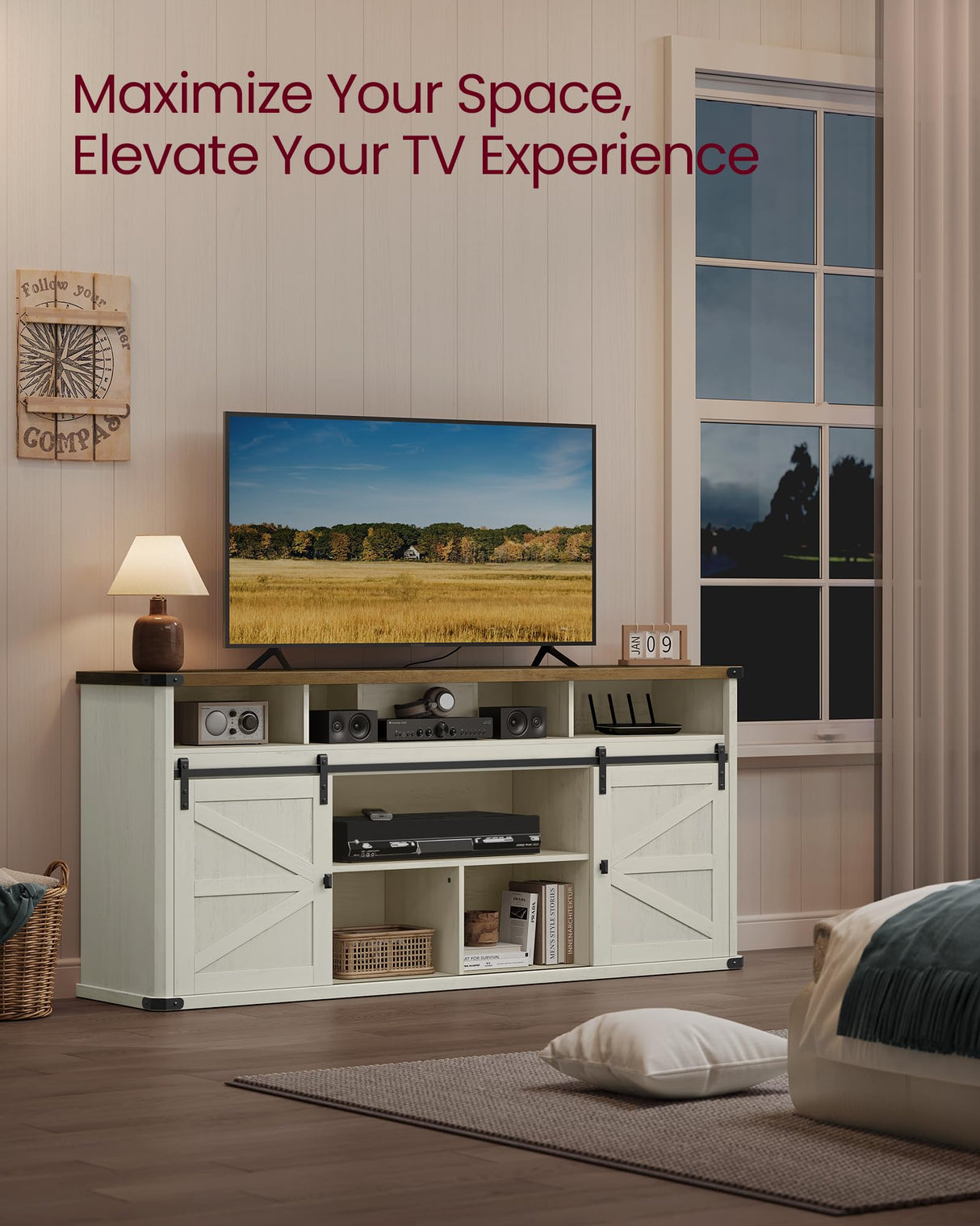 VASAGLE TV Stand for TVs up to 75 Inches, Farmhouse Entertainment Center with Sliding Barn Doors, TV Console Table for Living Room, Rustic White and Honey Brown ULTV323W02 VASAGLE