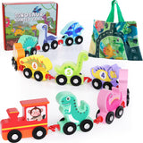 HELLOWOOD Dinosaur Toys for Toddlers Age 2-4, Wooden Dinosaur Train Set with Playmat/Storage Bag, Montessori Educational Toys for 2+ Years Old Boys & Girls HELLOWOOD