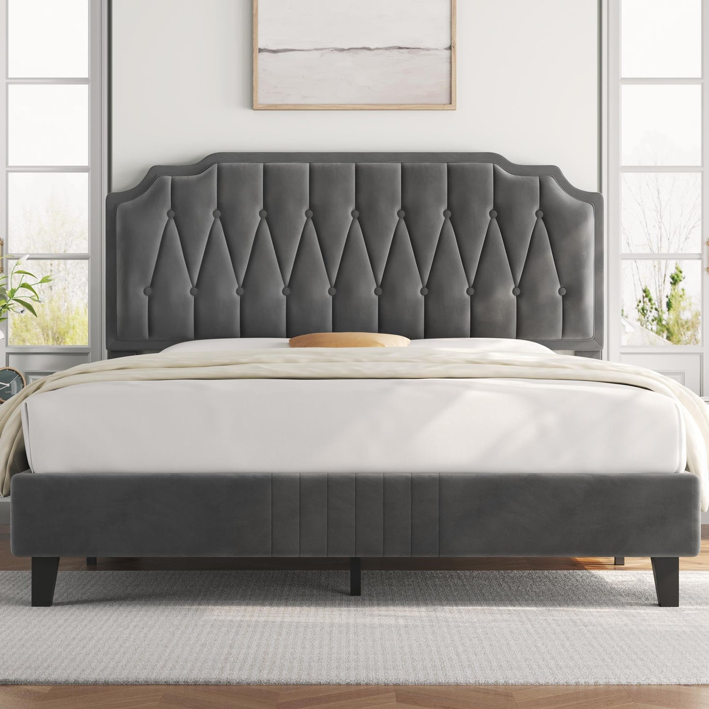 Yaheetech Dark Gray Velvet Upholstered Queen Bed Frame with Adjustable Curved Headboard - WoodArtSupply